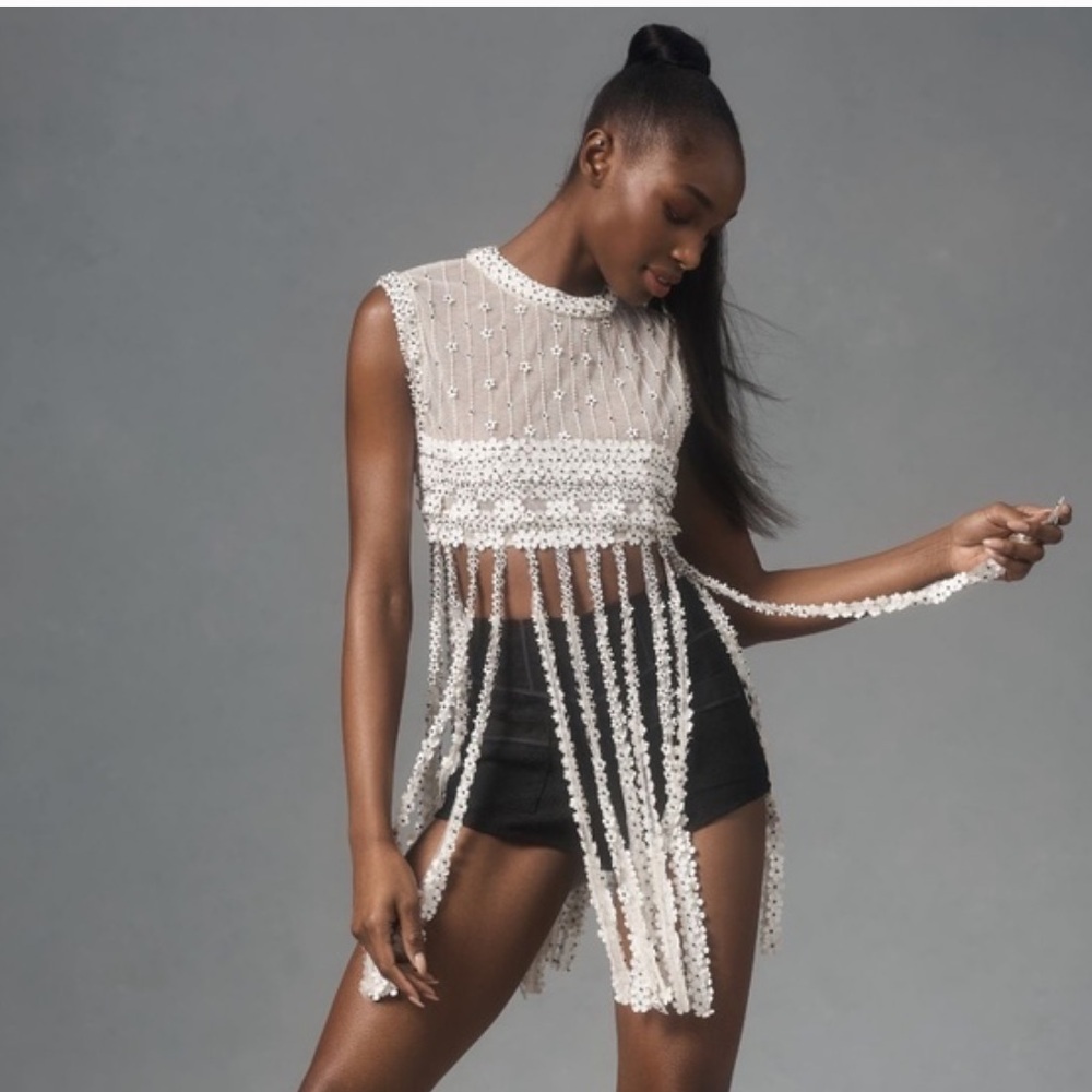 Anthropologie White Beaded Fringe Top